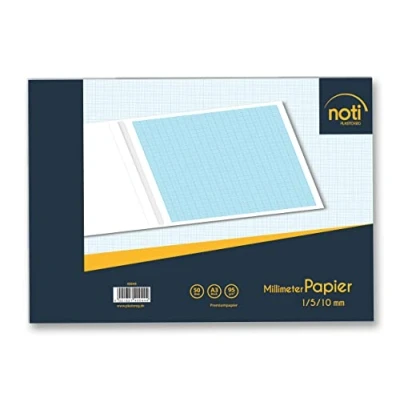 Abbildung von Millimeterpapier/Millimeterblock A3 50 Seiten Premiumpapier 95g/m² mit blauen Raster/Linien in 1/5/10mm u.a. für technische Zeichnungen