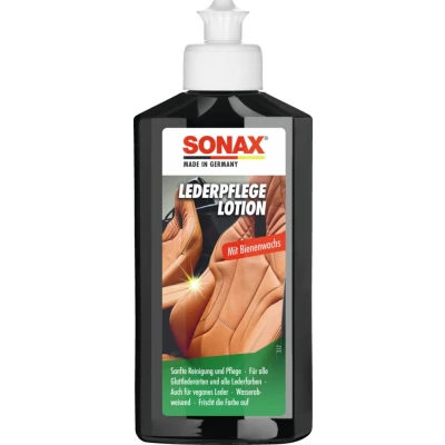 Abbildung von SONAX LederPflegeLotion (250 ml) wasserabweisende Lederpflege mit Bienenwachs für eine sanfte Reinigung und Pflege von Glattleder Kunstleder Art Nr. 02911410