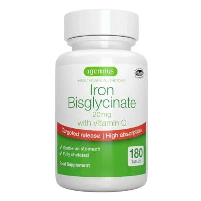 Abbildung von Eisenbisglycinat mit 100mg Vitamin C, 20mg gut verträgliches, chelatiertes Eisen, gezielte Freisetzung für verbesserte Absorption, vegan, eine Tablette pro Tag, 180 Eisentabletten, von Igennus