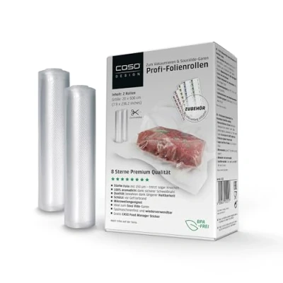 Abbildung von CASO Profi Folienrollen 20x600 cm / 2 Rollen, für alle Vakuumierer, BPA frei, sehr stark &amp; reißfest ca. 150µm, aromadicht, kochfest, Sous Vide, wiederverwendbar, inkl. Food Manager Sticker