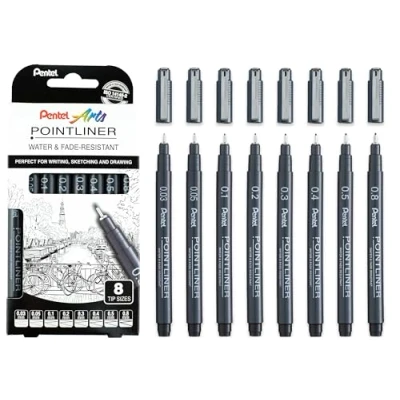 Abbildung von Pentel Pointliner YS20P 8, 8er Set Fineliner, schwarz, wasserfest und lichtecht, 0,03 0,8 mm