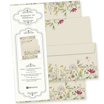 Abbildung von TATMOTIVE Wildblumen 25 Sets Briefpapier mit Umschläge, Feines Design, erstklassiges 90g Naturpapier, beidseitig floral Natur für Frauen Erwachsene Brief Set