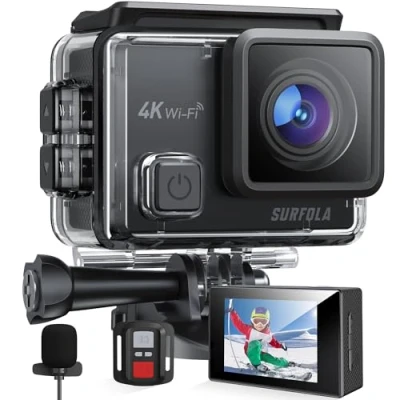 Abbildung von Surfola Action Cam 4K, Unterwasserkamera 40M Wasserdicht 20MP EIS Bildstabilisierun 170 Weitwinkel Helmkamera WiFi Actionkameras mit Externem Mikrofon 2 Akkus und Zubehör Kit 2.4G Fernbedienung
