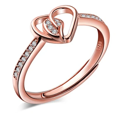 Abbildung von Yumilok Roségold 925 Sterling Silber Zirkonia Herzen Liebe Offener Ring Trauringe Verlobungsring für Damen Mädchen, Größe 49 57 Verstellbar