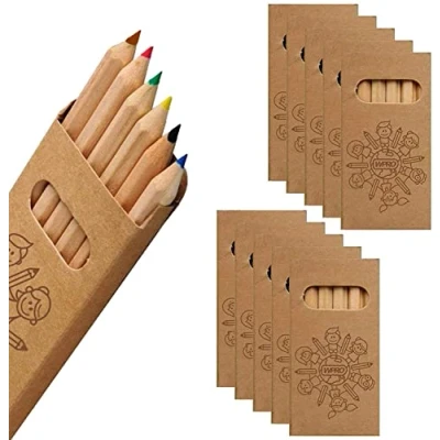Abbildung von WPRO Kids Holz Buntstifte 10 er Set mit je 6 Farben Mini Farbstifte Geschenk Mitgebsel Kindergeburtstag Jungen &amp; Mädchen sechseckig Malstifte Kartonbox braun