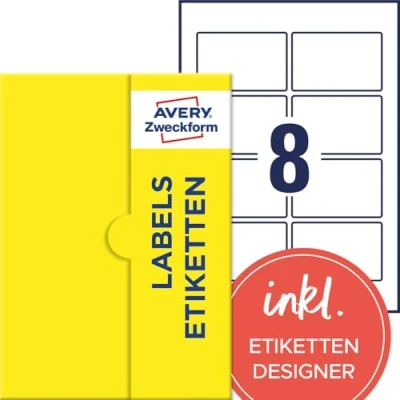 Abbildung von AVERY Zweckform P3461 25 Universal Etiketten (200 Klebeetiketten, 85x55mm auf A4, Papier matt, bedruckbare Produktetiketten, selbstklebende Marmeladenetiketten, individuelle Aufkleber) Blatt, weiß