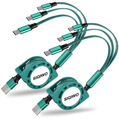 Abbildung von SIQIWO USB Typ C Kabel Schnellladung [3A/1M/2Stück], QC 3.0 Einziehbares Ladekabel und Datenkabel mit 3 Port, für iPhone 16 Pro Max, Samsung Galaxy S24 S23 Ultra, Huawei, LG, Sony, Xiaomi