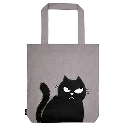 Abbildung von moses. Ed, the Cat Shopper Happy Face Tragetasche aus 100% Baumwolle Stofftasche für Einkäufe, Büro oder Uni Grau L