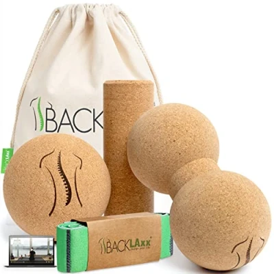 Abbildung von BACKLAXX ® Faszienrolle Set aus Kork Faszienball und Massageball, Wirbelsäule, klein, Fuß, Faszien Duoball schadstofffrei, antibakteriell inkl. Videos