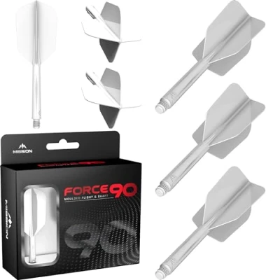 Abbildung von Mission Darts Force 90 Integriertes präzisionsgeformtes Dart Flight und Schaftsystem, 3 Stück, professionelle, sehr langlebige 2 in 1 kombinierte Flights Schäfte, schlank (weiß, mittel)