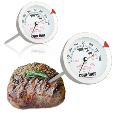 Abbildung von com four® 2x Bratenthermometer 2 Zonen Fleischthermometer mit Garpunkt Kontrollanzeige analoges Grill und Ofenthermometer Fleischnadel aus Edelstahl (2 Stück Zonen)