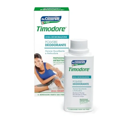 Abbildung von Timodore, Deodorantpuder, absorbierende und schweißhemmende Wirkung, ideale Antwort auf übermäßiges Schwitzen, antibakterieller Schutz, 100% Made in Italy, Dermatologisch Getestet, 75 g
