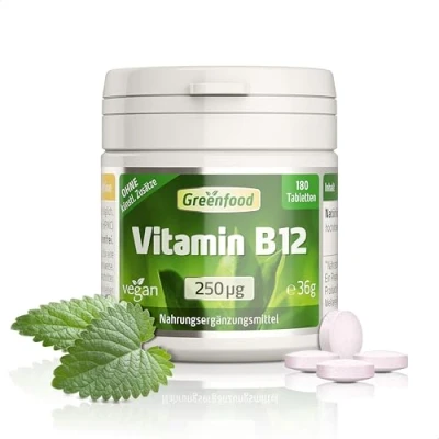 Abbildung von Vitamin B12 Hochdosiert mit 250µg pro Tag (180 vegane Tabletten) Unterstützt Energie, Nervensystem und Blutbildung natürlich ohne Zusätze, Gentechnik, laborgeprüft Greenfood