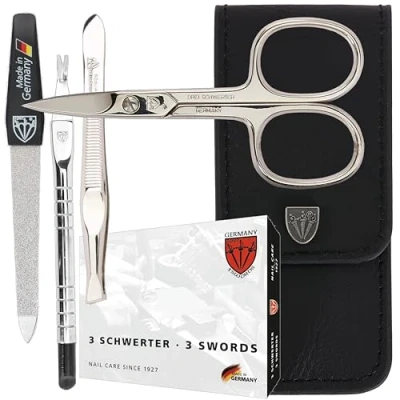 Abbildung von DREI SCHWERTER 4 tlg. Nagelpflegeset &#039;Modena&#039; Maniküre und Pediküre Set IN Echtleder Etui MADE GERMANY. Farbe: Schwarz Inhalt: Nagelschere, Pinzette, Saphirnagelfeile Nagelhautentferner