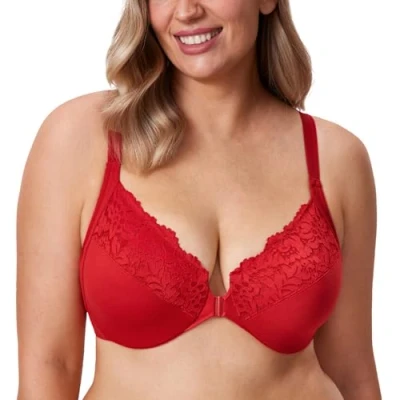 Abbildung von DELIMIRA Damen Vorderverschluss BH mit Bügel Vollständige Abdeckung Große Größen Lippenstift Rot 80F