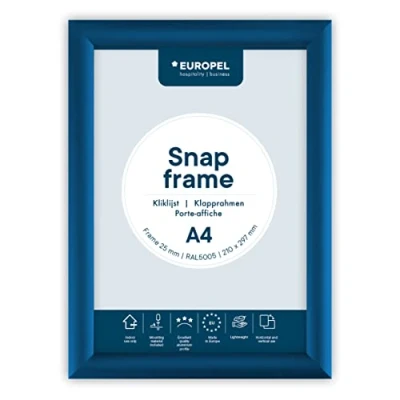 Abbildung von Europel leichter Klapprahmen DIN A4, Farbe Blau, Easy Click System, Profil 25x11 mm, eloxiertes Aluminium und blendfreie Schutzfolie, Außenmaß 241x328 grau Polystyrol Rückseite