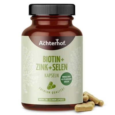 Abbildung von Biotin Zink Selen Komplex 120 Kapseln mit aus Guaven Extrakt, Senfsaat Vitamin C und Brennnesselsamenpulver hochdosiert 10.000 mcg 100% vegan vom Achterhof