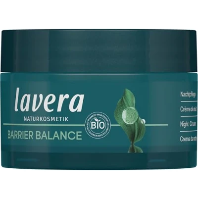 Abbildung von lavera Barrier Balance Nachtpflege Creme ohne Alkohol Parfüm Regeneration der Haut stärkt Hautbarriere Präbiotika vegan Naturkosmetik 50 ml
