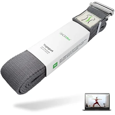Abbildung von BACKLAXX ® Yoga Gurt Baumwolle (grau) Nachhaltiges Zubehör Set, Yogagurt 250 cm lang mit praktischem Verschluss aus Metall Set ideal für Yoga, Pilates und Dehnen inkl. Anwendungsvideo