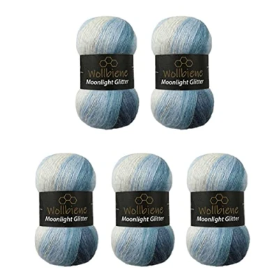 Abbildung von Moonlight Glitter Batik Simli 5 x 100g Strickwolle 500 Gramm Wolle zum Stricken und Häkeln 20% Metallic türkische Farbverlaufswolle Glitzerwolle (5500 blau weiß)