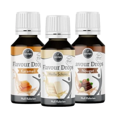 Abbildung von borchers Flavour Drops Probierpaket je 1 x Weiße Schokolade, Karamel und Nougat 3 30 ml 0 Kalorien Süßstoff Flüssig Zum Kochen Backen Für Getränke