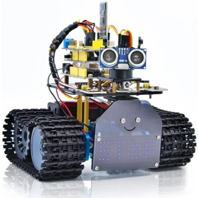 Abbildung von KEYESTUDIO Smart Robot Tank Car Kit für Arduino Learner, Licht/Ultraschall Follow, Infrarot &amp; Bluetooth Fernbedienung, Intelligentes und lehrreiches DIY Robotic