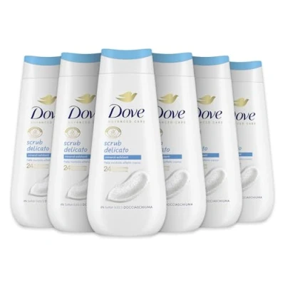 Abbildung von Dove Sanftes Peeling, feuchtigkeitsspendendes Duschgel, milde Formel auf dem Hautmikrobiom, mit pflanzlichen feuchtigkeitsspendenden Wirkstoffen, ohne SLES, Duschbad für Damen und Herren, 6 Stück à