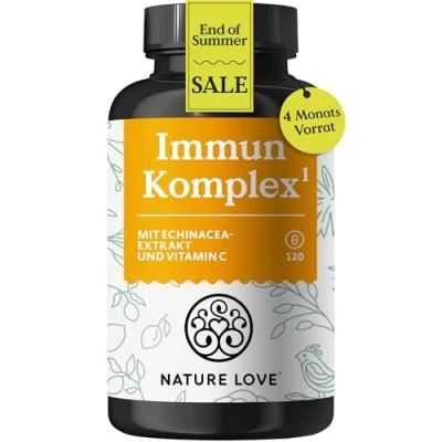 Abbildung von NATURE LOVE® Immun Komplex 120 Kapseln 4 Monate Reichweite mit Echinacea Extrakt, Vitamin C &amp; D, Zink, Selen und Histidin Immunsystem unterstützen* hochdosiert, laborgeprüft aus Deutschland