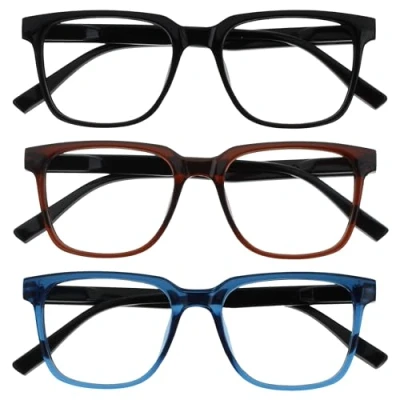 Abbildung von OPULIZE LEO Lesebrille 3er Pack Großes Rechteckiges Gestell Schwarz, Braun, Blau Herren Damen Federscharniere RRR55 123 +1.00