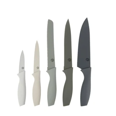 Abbildung von MasterChef Messerset, Küchenmesser Set ink. Kochmesser, Gemüsemesser, Schälmesser, Schneidemesser &amp; Brotmesser, Scharfe Messer Edelstahl, Antihaftbeschichtete, Soft Touch Griffe, 5 teilig, Grau