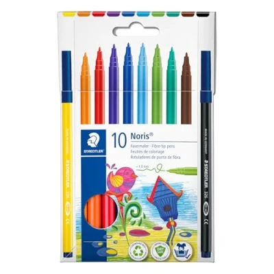 Abbildung von STAEDTLER Fasermaler Noris, Tinte mit Lebensmittelfarbstoffen auf Wasserbasis, Kappe Atemluftkanal, Linienbreite 1,0 mm, 10 Filzstifte in sortierten Farben im Kartonetui, 326 C10