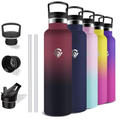 Abbildung von Grsta Trinkflasche Edelstahl, 1l, mit Strohhalm, BPA Frei, Auslaufsicher, Doppelwandige Vakuumisolierte, Wasserflasche für Yoga, Camping, Wandern, Fitnessstudio