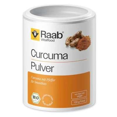 Abbildung von Raab Vitalfood Bio Curcuma Pulver mit Curcumin und Piperin aus schwarzem Pfeffer, ohne Zusätze, vegan, 1x 100g Packung