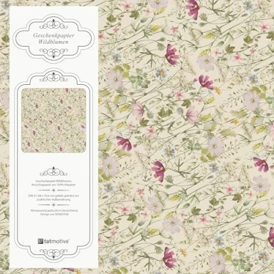 Abbildung von Wildblumen Geschenkpapier EXTRA DICK Geburtstag Blumen floral 5 Bogen 84 x 59 cm, Öko Recycling Papier nachhaltig gedruckt Vintage