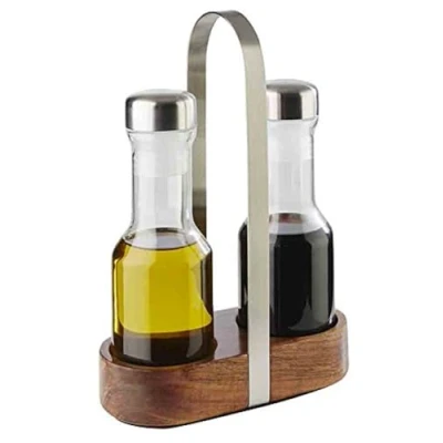 Abbildung von APS 40436 Essig &amp; Öl Menage „Wood&quot;, und Gefäße, matt poliert, Glasbehälter mit Edelstahl Deckel Drehverschluss, 7,5 x 16 cm, 24,5 cm Höhe, Braun
