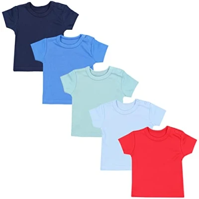 Abbildung von TupTam Baby Jungen Kurzarm T Shirt mit Aufdruck Unifarben Sterne Streifen 5er Set, Farbe: Rot Dunkelblau Blau Grün Hellblau, Größe: 86