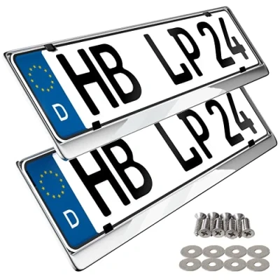 Abbildung von L &amp; P Car Design 2 x Kennzeichenhalter in Edelstahl poliert 100% auch passend für gebogenen Stosstangen INOX C.4580 (Chrom)