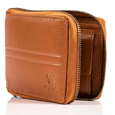 Abbildung von MATADOR RFID NFC Schutz Geldbörse Herren Leder Geldtasche Portemonnaie mit YKK Metall Reißverschluss Portmonee Männer Geschenk Box Herrenbörse Reissverschluss Hell Braun