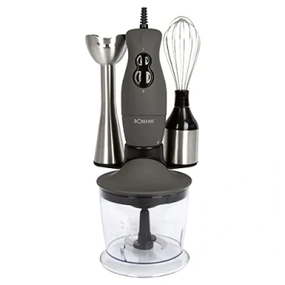 Abbildung von Bomann elektrischer Stabmixer/Schneebesen/Multizerkleinerer 3in1 Set SMS 6055 CB; zum mixen, zerkleinern, schlagen; für Gemüse, Sahne, Nüsse; 400 Watt; inklusive Zubehör; Edelstahl/Titan