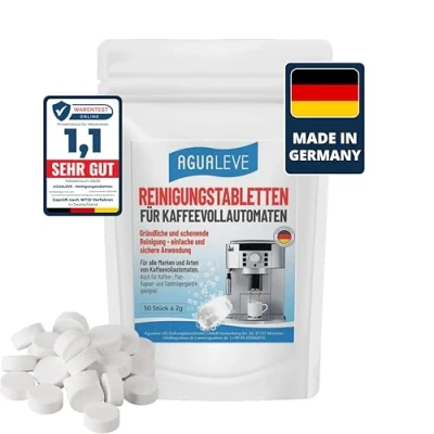 Abbildung von Reinigungstabletten 50 Stück für alle Marken und Arten von Kaffeevollautoamten Kaffeemaschinen, z. B. De’Longhi, Philips, Siemens, Saeco, Melitta, Krups, Miele Markenqualität Made in Germany