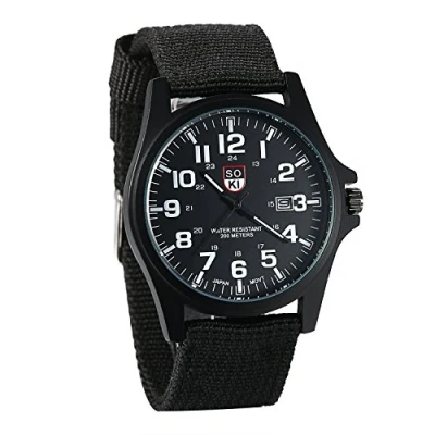 Abbildung von JewelryWe Klassik Herren Armbanduhr, Retro Nylon Band Quarz Analog Uhr, Sport Kalender Herrenuhr mit Digital Zifferblatt, Schwarz