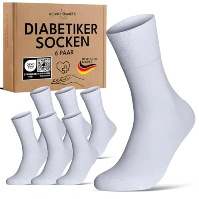 Abbildung von Diabetikersocken ohne Gummibund &amp; Naht 97% Baumwolle (6 Paar) Diabetiker Socken mit Komfortbund für Damen Herren 70108T (Weiß 39 42) WP