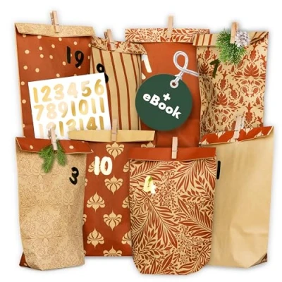 Abbildung von AMARI ® Adventskalender zum Befüllen Nr. 20 Vintage Brown 24 Papier Adventstüten (mit Holzklammern) Basteln für Weihnachten Weihnachtstüten