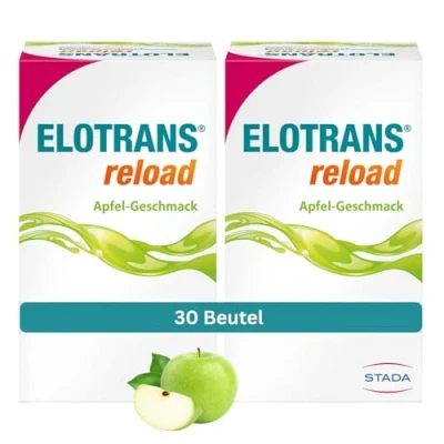 Abbildung von ELOTRANS reload isotonische Elektrolyt Glucose Mischung Nahrungsergänzungsmittel mit Magnesium, Kaliumchlorid, Cholin und B Vitaminen 2 x 15 Beutel Apfel