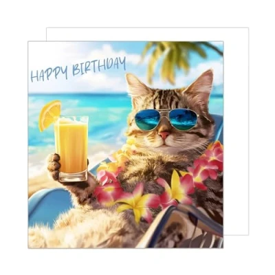 Abbildung von Edition Seidel Premium quadratische Geburtstagskarte mit Umschlag. Glückwunschkarte Happy Birthday Billet Tier Karte für Frau Mann Strand coole Katze lustig Humor (GQ297 SW024)