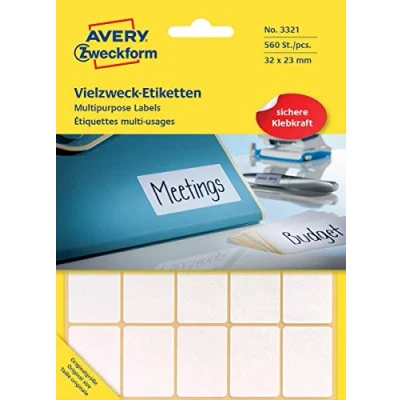 Abbildung von Avery Zweckform 3321 Haushaltsetiketten selbstklebend (32 x 23 mm, 560 Aufkleber auf 28 Bogen, Vielzweck Etiketten für Haushalt, Schule und Büro zum Beschriften Kennzeichnen) blanko, weiß