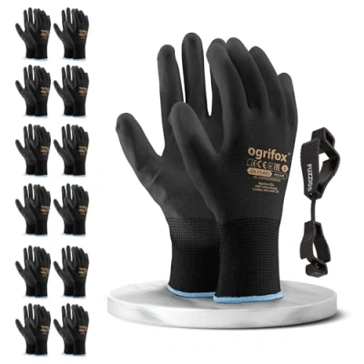 Abbildung von FUZZIO 12 Paar Ogrifox PU besichtet Arbeitshandschuhe Handschuh Klammer (L 9, Schwarz)