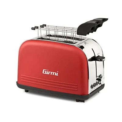 Abbildung von Girmi TP57 Toaster, 800 W, Edelstahlgehäuse und Zange, große Schlitze, Timer, 8 Kochstufen, automatische Abschaltung, Krümelauffangschale, Rot