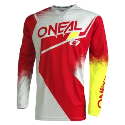 Abbildung von O&#039;NEAL Motocross Jersey Langarm MX Enduro Gepolsterter Ellbogenschutz, V Ausschnitt, atmungsaktiv Element Racewear V.22 Erwachsene Rot Grau Neon Gelb Größe M