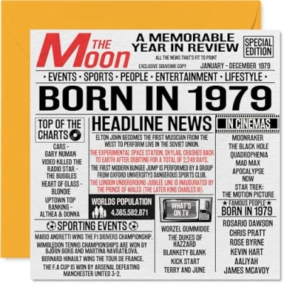 Abbildung von Stuff4 Geburtstagskarte zum 45. Geburtstag für Männer und Frauen Born in 1979 Zeitung Happy 45 Mama, Vater, Onkel, Tante, Vintage Retro Stil, 145 x mm, Grußkarten